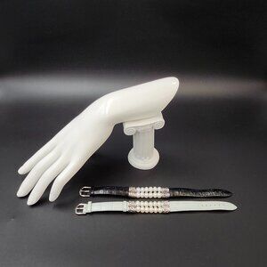 Pair of Sterling Silver Leather & Fresh Water Pearl Adjustable Bracelets